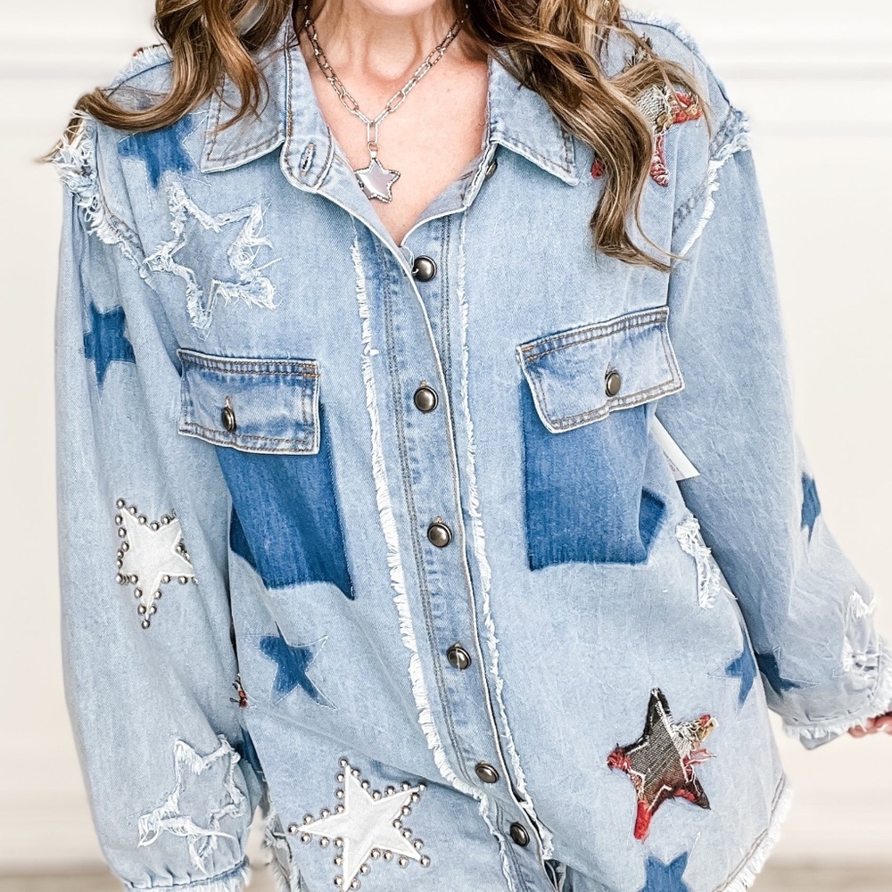 New Pol Denim Shacket Top Button Shirt Women Stars Boho Anthropologie Blue - Picture 11 of 11